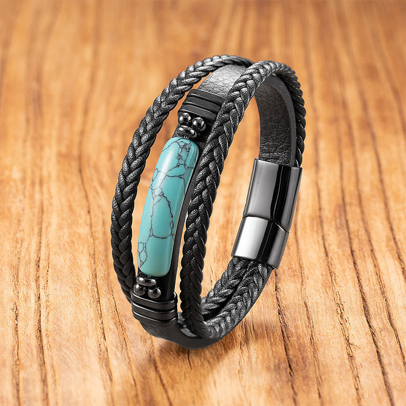 Buddha Stones Hematite Lazurite Black Glitter Stone Pink Crystal Titanium Steel Leather Strengthen Bracelet - Turquoise - 18-22cm - image 10
