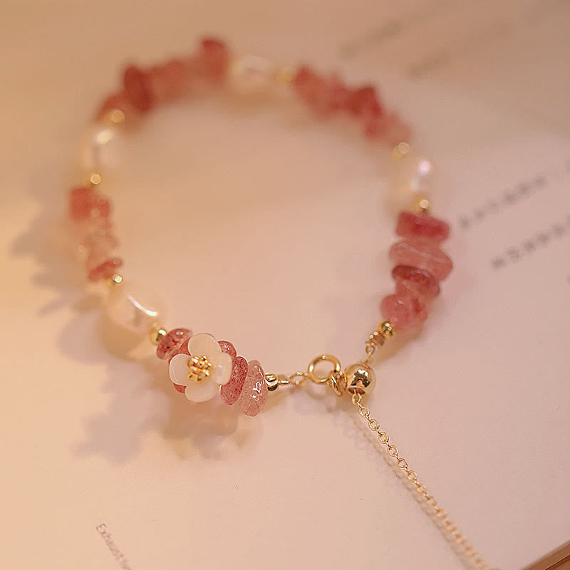 Buddha Stones White Flower Pearl Natural Irregular Strawberry Quartz Healing Chain Bracelet - image 4