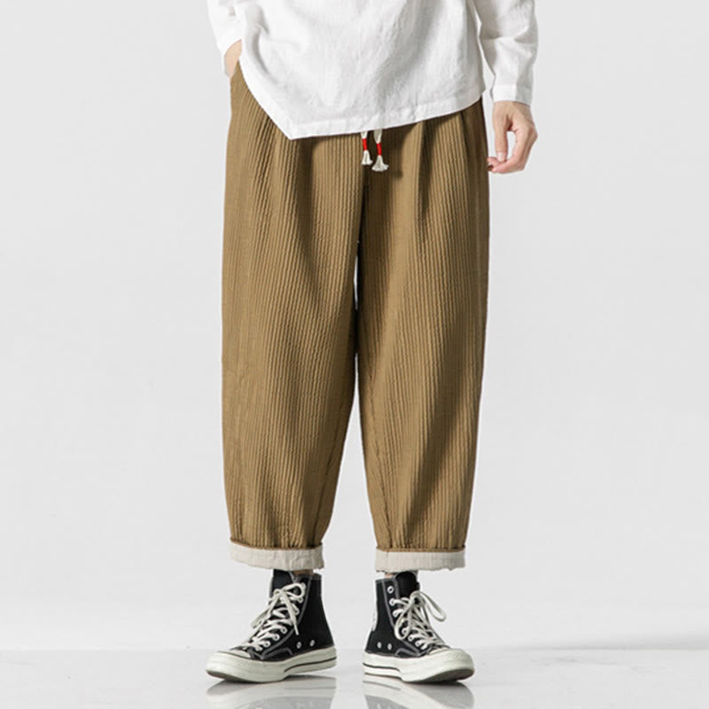 Buddha Stones Fall Solid Color Drawstring Men's Ankle-Length Harem Pants With Pockets - Tan - US/UK/AU46,EU56 (5XL) - image 9