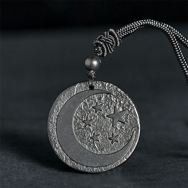 Buddha Stones Moon Star Round Design Authentic Shungite Stone Protection Necklace Pendant - Shungite Stone(Protection ♥ Grounding) - 35-40mm - image 0