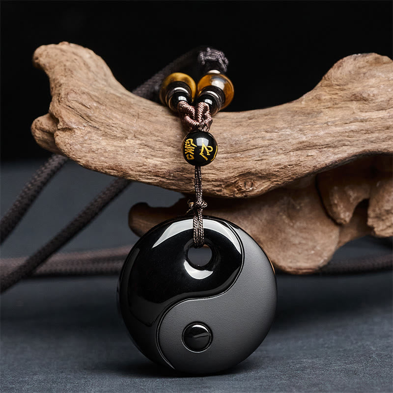 Buddha Stones Yin Yang Symbol Om Mani Padme Hum Black Obsidian Strength Necklace Pendant - Black Obsidian(Pendant Size: 37*8mm) - image 0