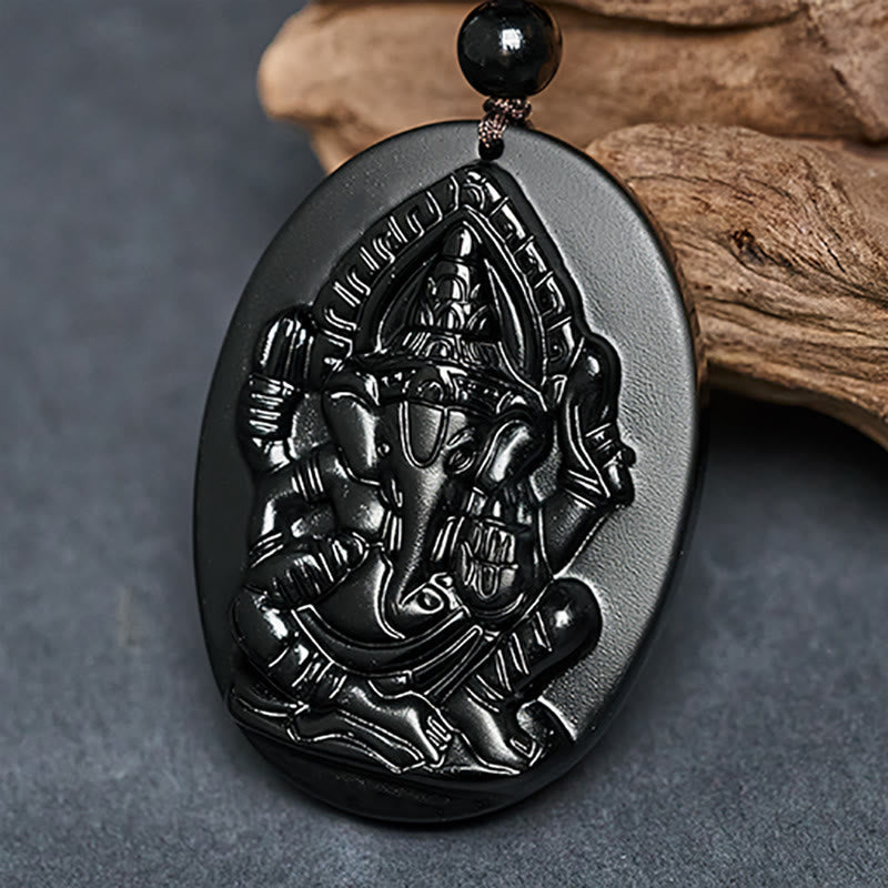 Buddha Stones Ganesh Elephant Relief Design Natural Black Obsidian Strength Necklace Pendant - image 3