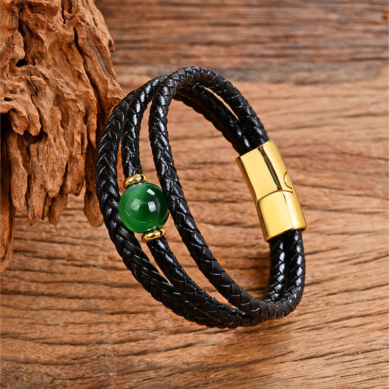 Buddha Stones Multicolored Bead Green Tiger Eye Amethyst Craved Six True Words Leather Balance Bracelet - Green Tiger's Eye - 18-22cm - image 0