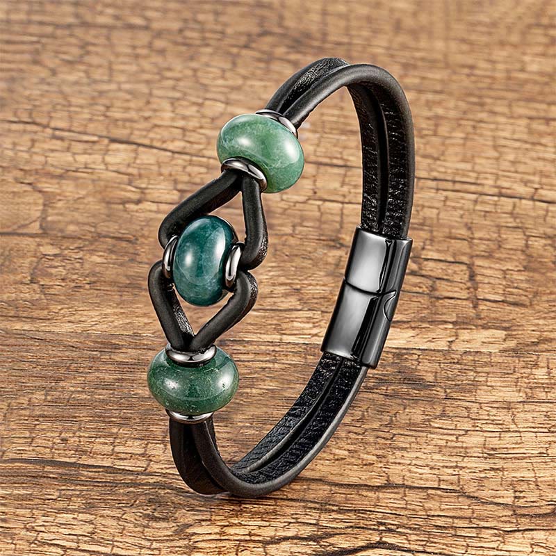 Buddha Stones Amethyst Crystal Stone Double Leather Relieves Stress Round Bracelet - Moss Agate - 19-21cm - image 13