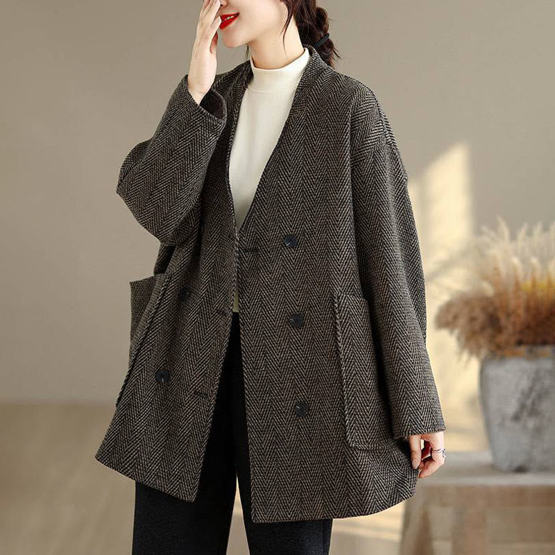 Buddha Stones Stripe V-Neck Cotton Long Sleeve Women's Coat With Pockets - SaddleBrown - US14,UK/AU18,EU46 (2XL) - image 10