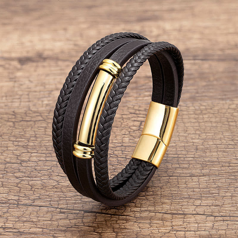 Buddha Stones Multi-layered Simple Design Leather Titanium Steel Balance Bracelet - Gold - 19-21cm - image 4