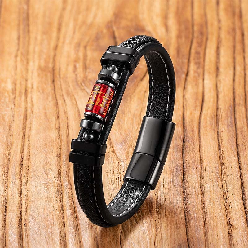 Buddha Stones Om Mani Padme Hum Dragon Symbol Black Onyx Leather Titanium Steel Balance Protection Bracelet - Red Liuli Mantra - 18-22cm - image 9