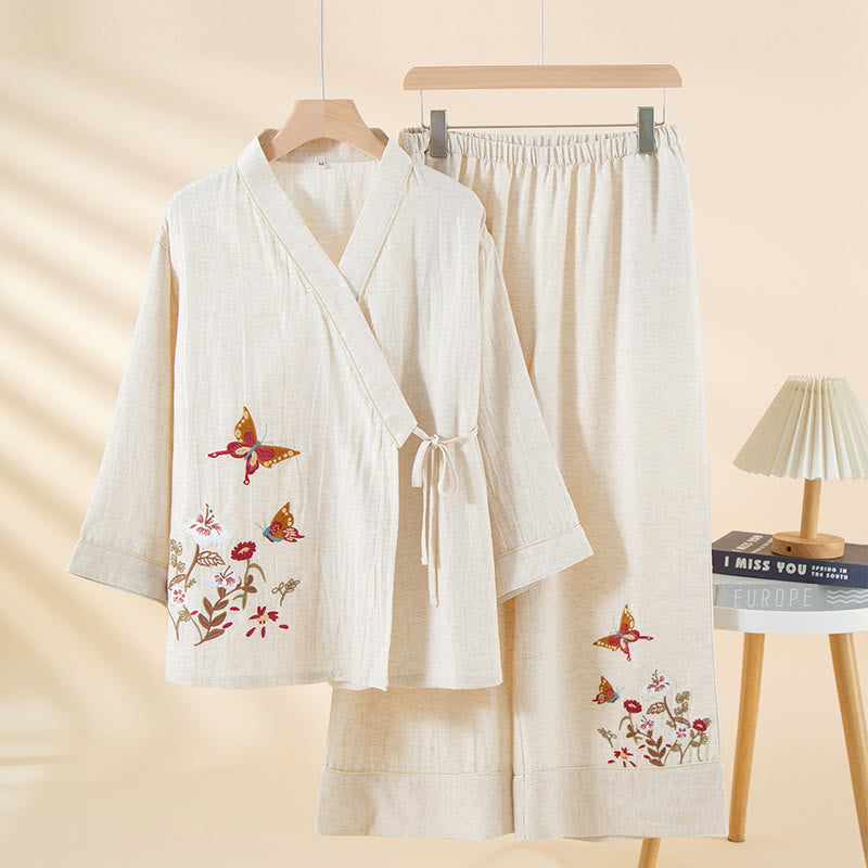 Buddha Stones 2pcs Colorful Floral Butterfly Long Sleeve V-Neck Shirt Pants Cotton Pajamas Set With Pockets - Snow - US6,UK/AU10,EU38 (XL) - image 0