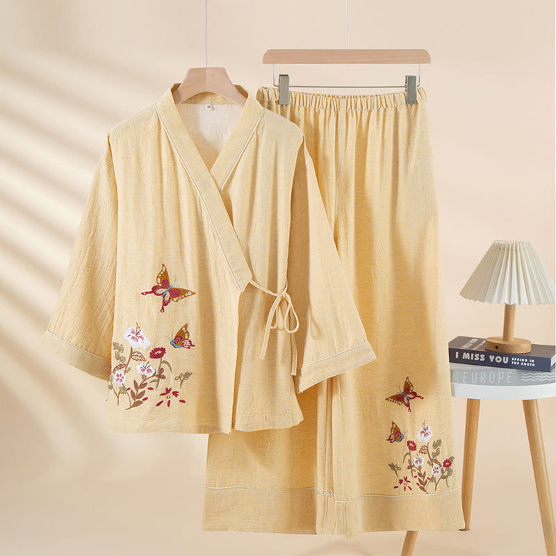 Buddha Stones 2pcs Colorful Floral Butterfly Long Sleeve V-Neck Shirt Pants Cotton Pajamas Set With Pockets - Moccasin - US6,UK/AU10,EU38 (XL) - image 5