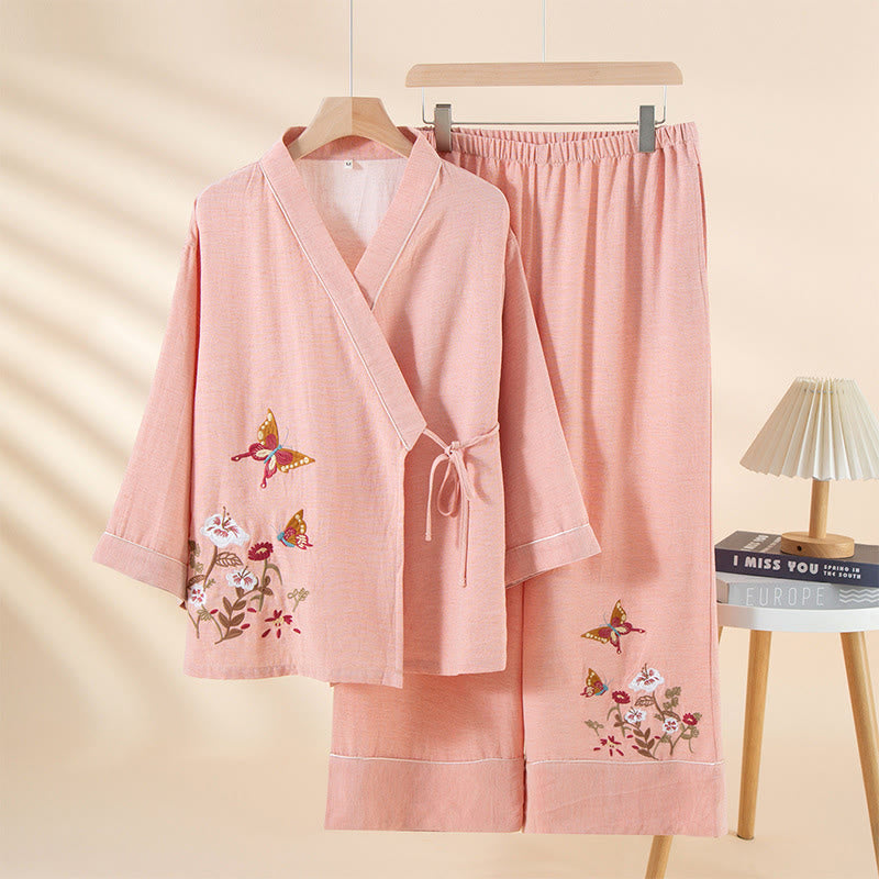 Buddha Stones 2pcs Colorful Floral Butterfly Long Sleeve V-Neck Shirt Pants Cotton Pajamas Set With Pockets - LightPink - US6,UK/AU10,EU38 (XL) - image 6