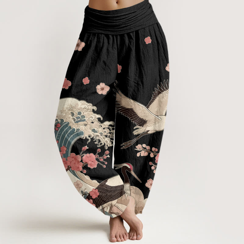 Buddha Stones Pure Cotton Cranes Peach Blossoms Ocean Women's Elastic Waist Harem Pants - Black - US16,UK/AU20,EU48 (3XL) - image 5