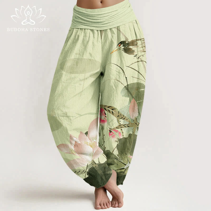 Buddha Stones Cotton Pink Lotus Leaves Bird Pattern Women's Elastic Waist Harem Pants - Khaki - US22,UK/AU26,EU54 (6XL) - image 0