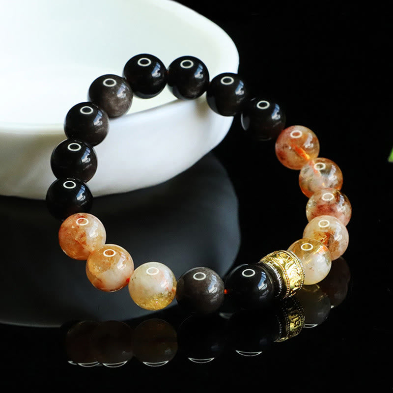 Buddha Stones Six True Words Silver Sheen Obsidian Citrine Protection Bracelet - Silver Sheen Obsidian Citrine(Wrist Circumference:15-16 cm) - image 0