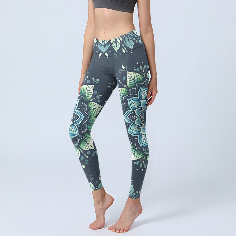 Buddha Stones Symmetrical Om Symbol Flower Pattern Print Gym Leggings Women's Yoga Pants - Teal - US18,UK/AU22,EU50 (4XL) - image 0