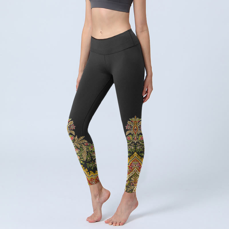 Buddha Stones Delicate Warm Tones Flower Leaf Pattern Print Gym Leggings Women's Yoga Pants - Black - US18,UK/AU22,EU50 (4XL) - image 0