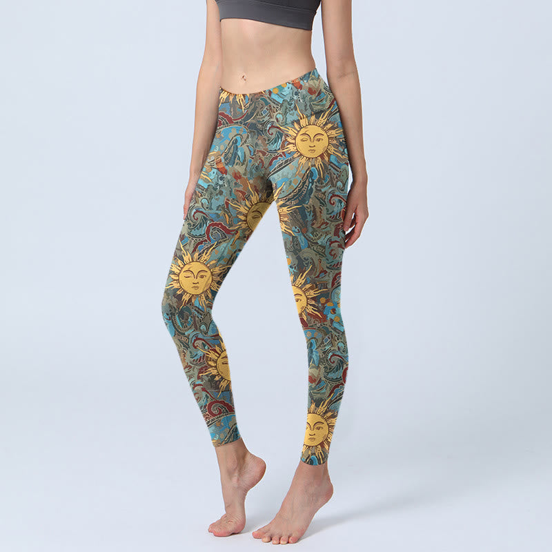 Buddha Stones Golden Personified Sun Pattern Print Gym Leggings Women's Yoga Pants - DarkCyan - US18,UK/AU22,EU50 (4XL) - image 0
