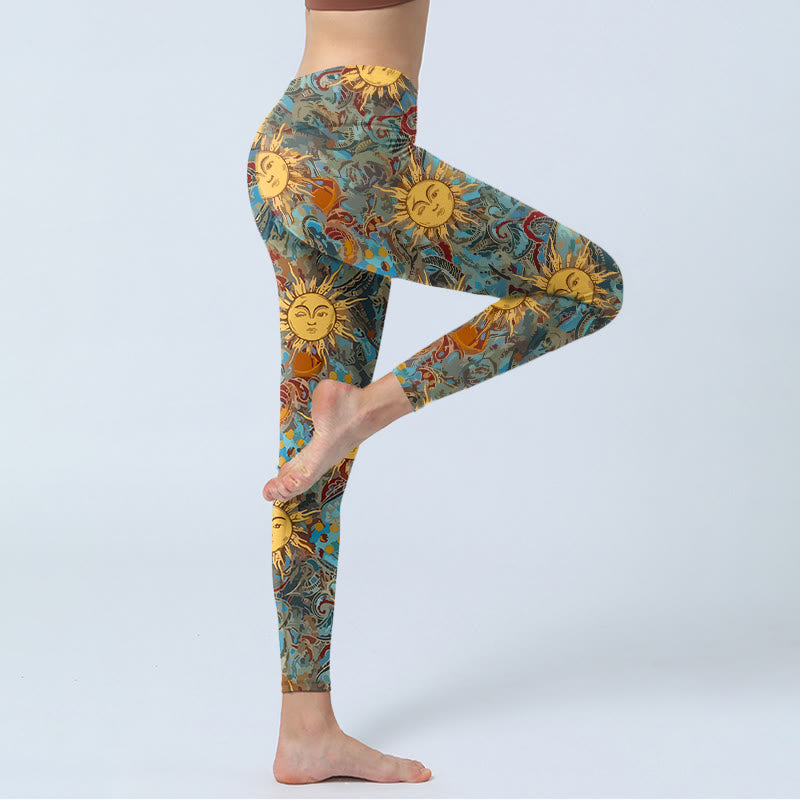 Buddha Stones Golden Personified Sun Pattern Print Gym Leggings Women's Yoga Pants - image 3
