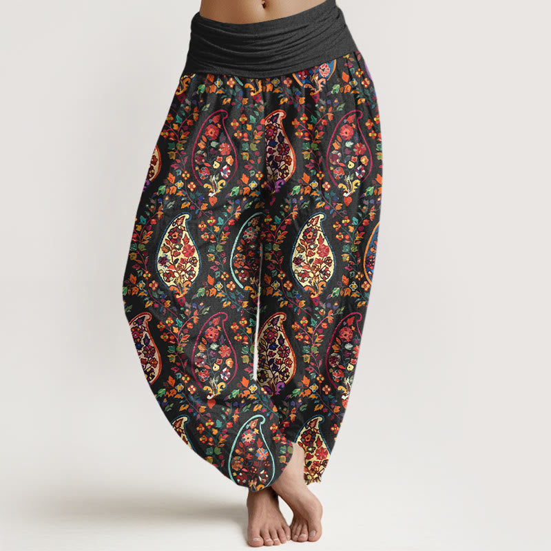Buddha Stones Cotton Brightly Colored Retro Flowers Leaves Pattern Women's Elastic Waist Harem Pants - Black - US16,UK/AU20,EU48 (3XL) - image 0