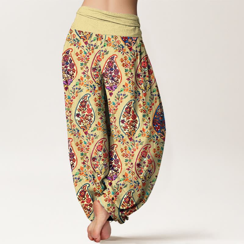 Buddha Stones Cotton Brightly Colored Retro Flowers Leaves Pattern Women's Elastic Waist Harem Pants - image 6