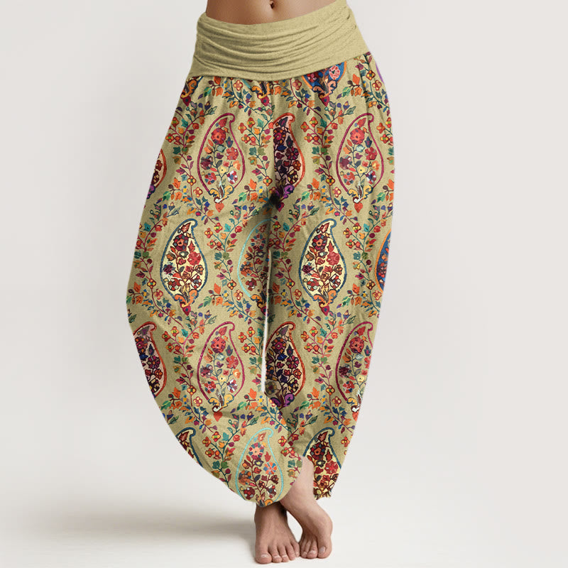 Buddha Stones Cotton Brightly Colored Retro Flowers Leaves Pattern Women's Elastic Waist Harem Pants - YellowGreen - US16,UK/AU20,EU48 (3XL) - image 5