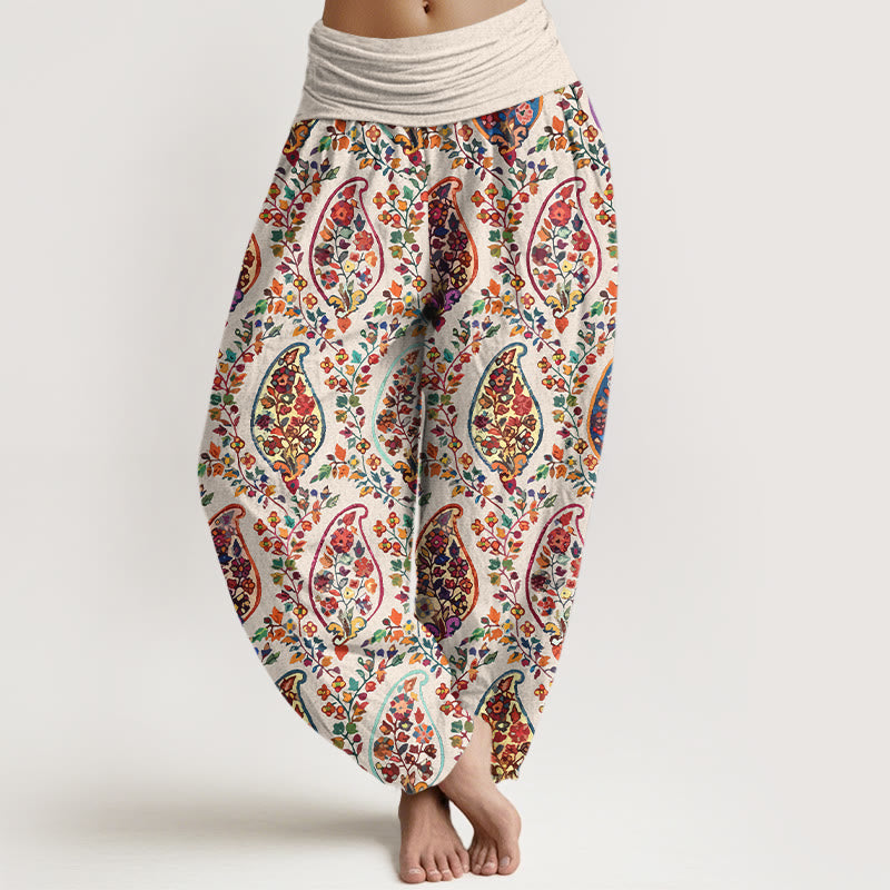Buddha Stones Cotton Brightly Colored Retro Flowers Leaves Pattern Women's Elastic Waist Harem Pants - Beige - US16,UK/AU20,EU48 (3XL) - image 8