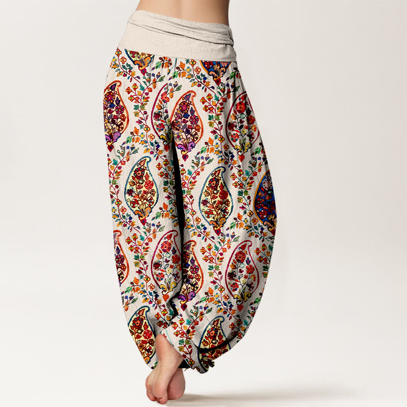 Buddha Stones Cotton Brightly Colored Retro Flowers Leaves Pattern Women's Elastic Waist Harem Pants - image 9
