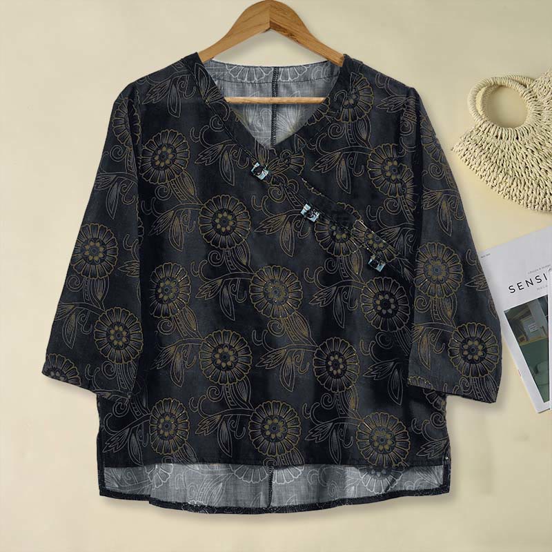 Buddha Stones Spring V-Neck Printed Floral Pattern Women's Long Sleeve Shirt - Black - US8-10,UK/AU12-14,EU40-42 (2XL) - image 11