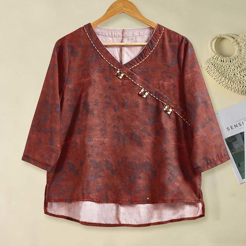 Buddha Stones Spring V-Neck Printed Floral Pattern Women's Long Sleeve Shirt - FireBrick - US8-10,UK/AU12-14,EU40-42 (2XL) - image 14