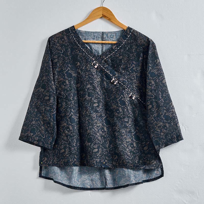 Buddha Stones Spring V-Neck Printed Floral Pattern Women's Long Sleeve Shirt - DarkSlateGray - US8-10,UK/AU12-14,EU40-42 (2XL) - image 18