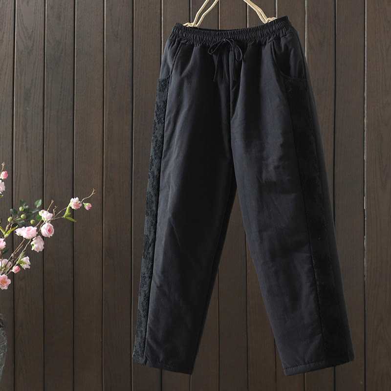 Buddha Stones Flower Pattern Cotton Polyester Embroidery Thick Women's Pants With Pockets - Black - US8-10,UK/AU12-14,EU40-42 (2XL) - image 15