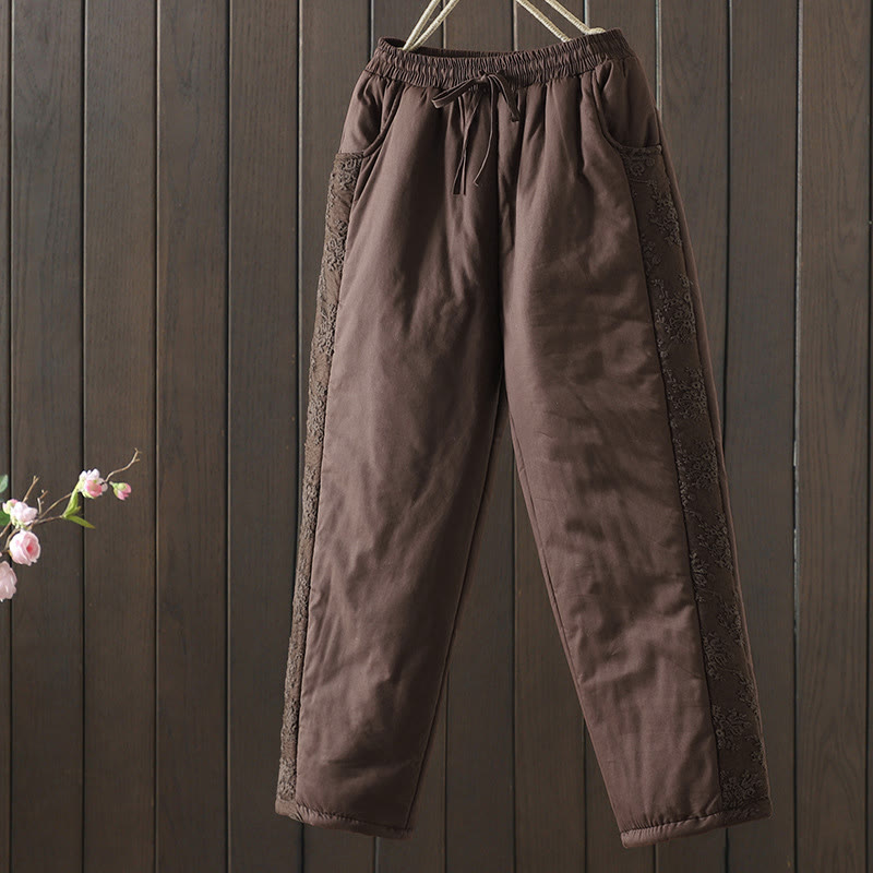 Buddha Stones Flower Pattern Cotton Polyester Embroidery Thick Women's Pants With Pockets - SaddleBrown - US8-10,UK/AU12-14,EU40-42 (2XL) - image 1