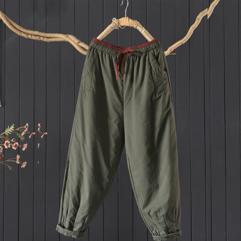 Buddha Stones Plain Color Blocking Cotton Polyester Thick Women's Pants With Pockets - DarkOliveGreen - US12,UK/AU16,EU44 (3XL) - image 0