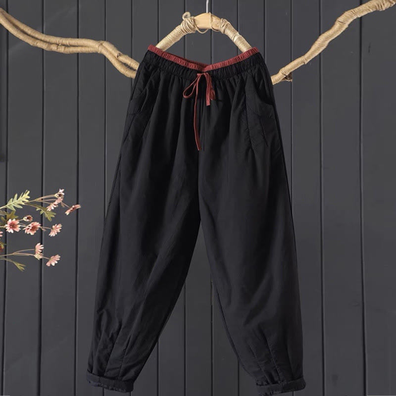 Buddha Stones Plain Color Blocking Cotton Polyester Thick Women's Pants With Pockets - Black - US12,UK/AU16,EU44 (3XL) - image 1