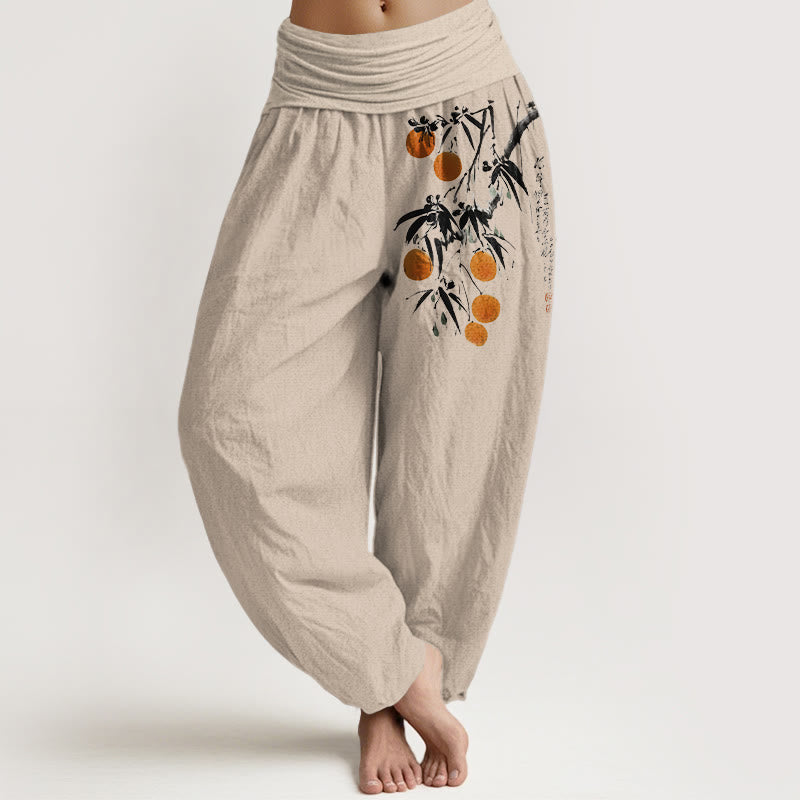 Buddha Stones Pure Cotton Brightly Colored Fruit Branches Pattern Women's Elastic Waist Harem Pants - Tan - US16,UK/AU20,EU48 (3XL) - image 0