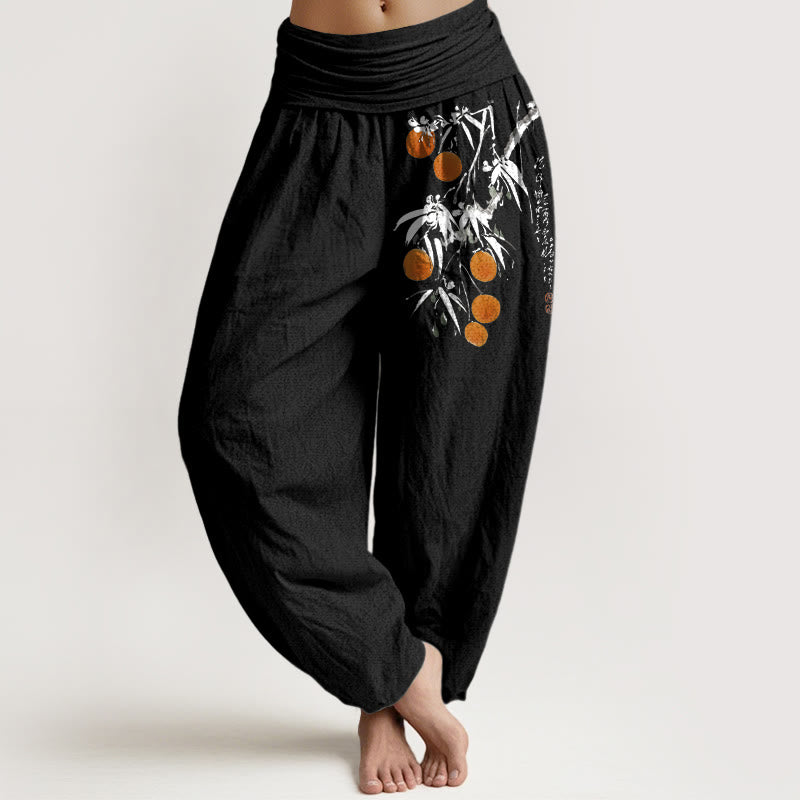 Buddha Stones Pure Cotton Brightly Colored Fruit Branches Pattern Women's Elastic Waist Harem Pants - Black - US16,UK/AU20,EU48 (3XL) - image 5
