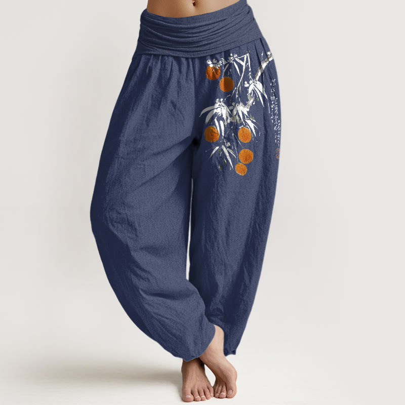 Buddha Stones Pure Cotton Brightly Colored Fruit Branches Pattern Women's Elastic Waist Harem Pants - DarkSlateBlue - US16,UK/AU20,EU48 (3XL) - image 8