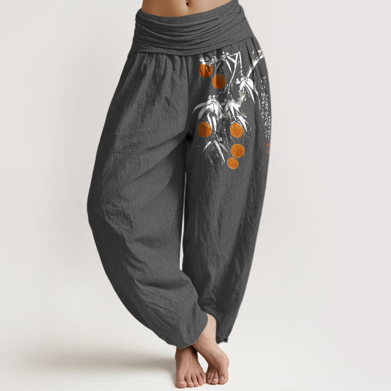 Buddha Stones Pure Cotton Brightly Colored Fruit Branches Pattern Women's Elastic Waist Harem Pants - DimGray - US16,UK/AU20,EU48 (3XL) - image 11