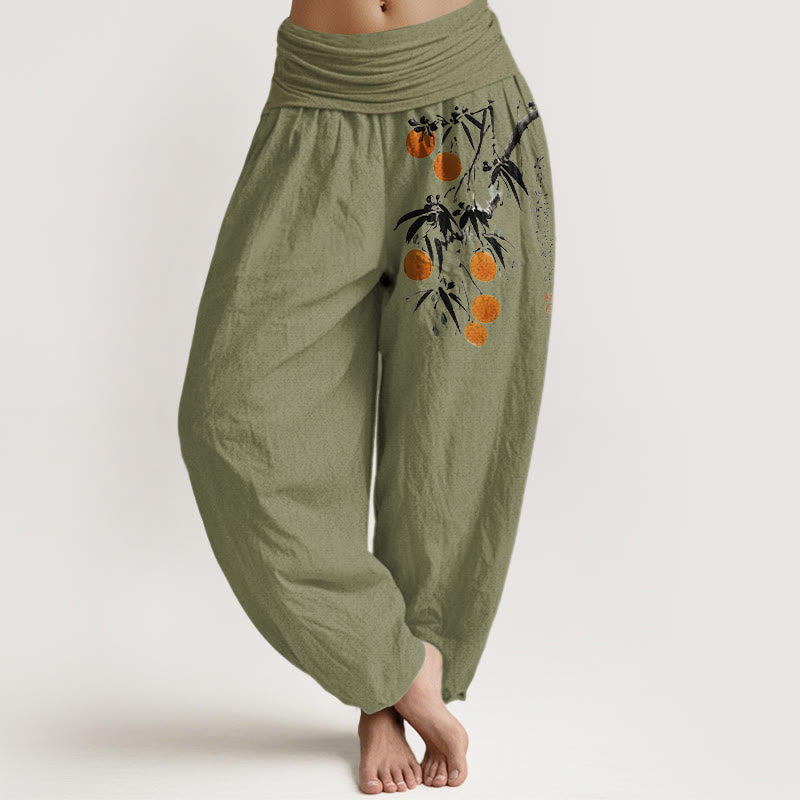 Buddha Stones Pure Cotton Brightly Colored Fruit Branches Pattern Women's Elastic Waist Harem Pants - OliveDrab - US16,UK/AU20,EU48 (3XL) - image 14