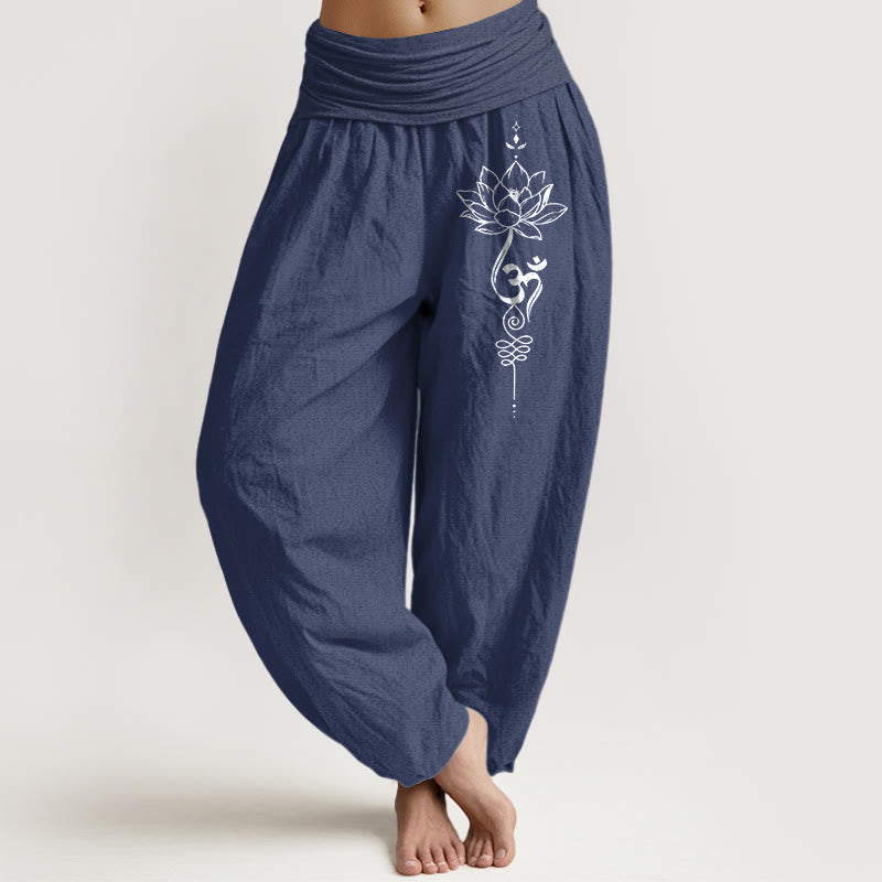 Buddha Stones Pure Cotton Minimalist Style Lotus Om Symbol Pattern Women's Elastic Waist Harem Pants - DarkSlateBlue - US16,UK/AU20,EU48 (3XL) - image 5