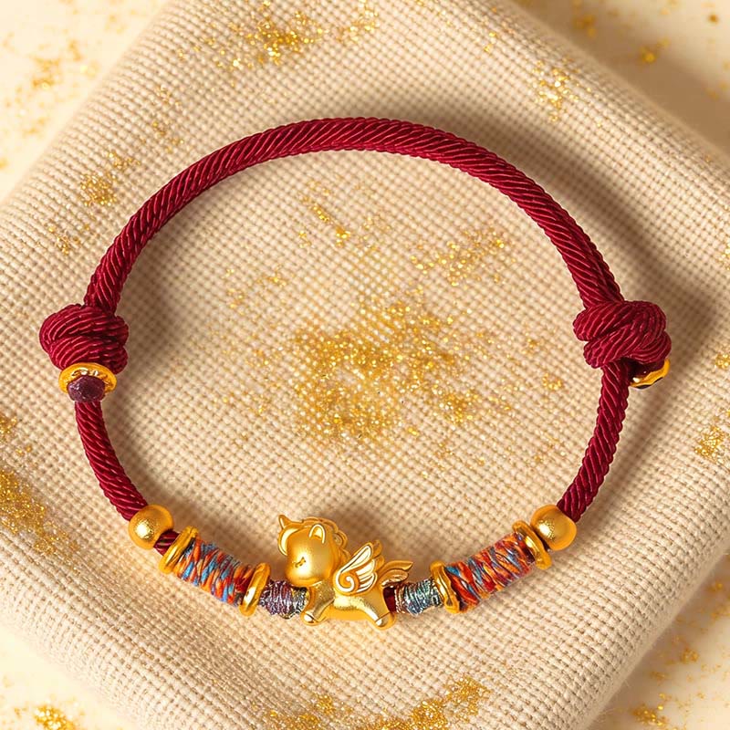 Buddha Stones Year of the Horse 999 Sterling Silver Plated Gold Braided String Rope Protection Bracelet - image 0