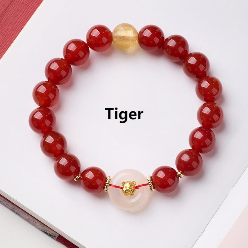 Buddha Stones Chinese Zodiac Year Of The Horse Peace Buckle Red Agate White Chalcedony Confidence Bracelet - Tiger - image 14