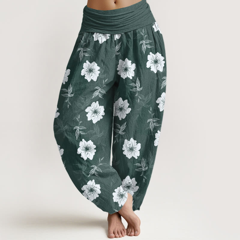 Buddha Stones Pure Cotton White Flowers Grass Women's Elastic Waist Harem Pants - SeaGreen - US16,UK/AU20,EU48 (3XL) - image 8