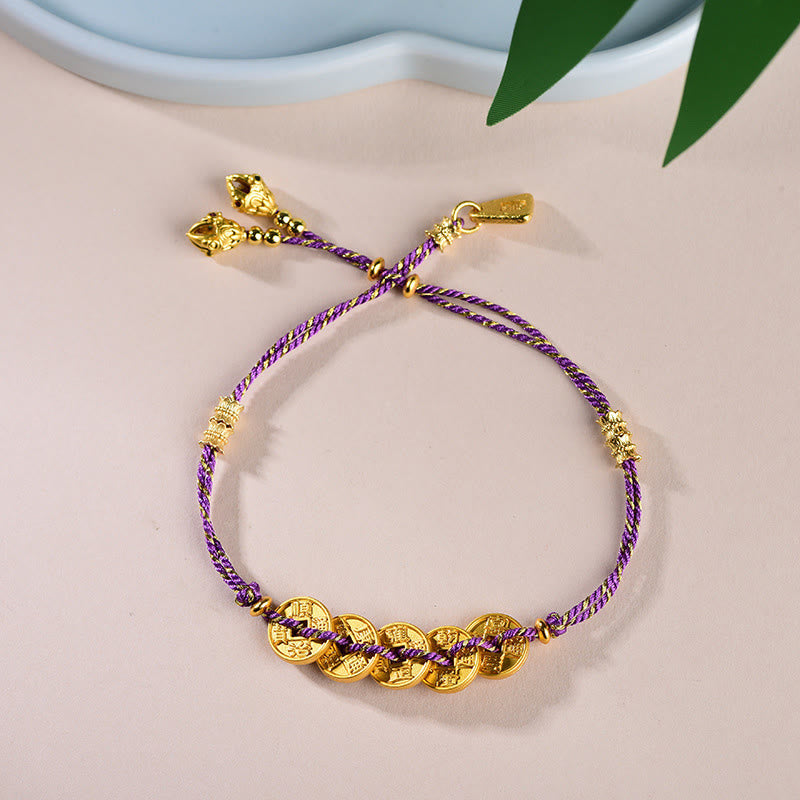 Buddha Stones Five-Emperor Coins Copper Balance Hand-Woven String Bracelet - Purple Five Emperors Coins(Wrist Circumference: 16-19cm) - image 15