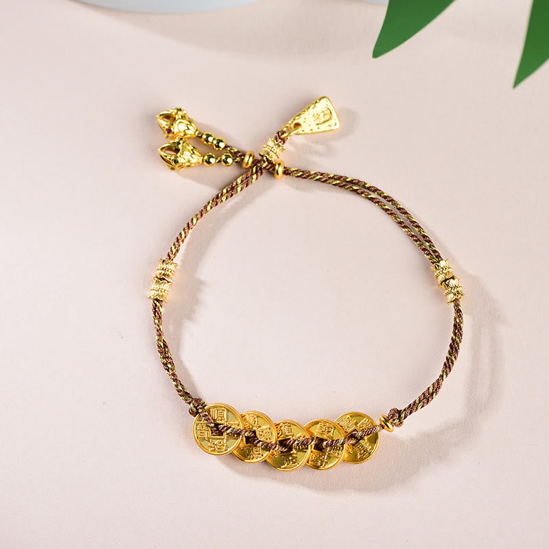 Buddha Stones Five-Emperor Coins Copper Balance Hand-Woven String Bracelet - Brown Five Emperors Coins(Wrist Circumference: 16-19cm) - image 16