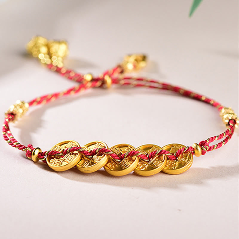 Buddha Stones Five-Emperor Coins Copper Balance Hand-Woven String Bracelet - Red Five Emperors Coins(Wrist Circumference: 16-19cm) - image 0