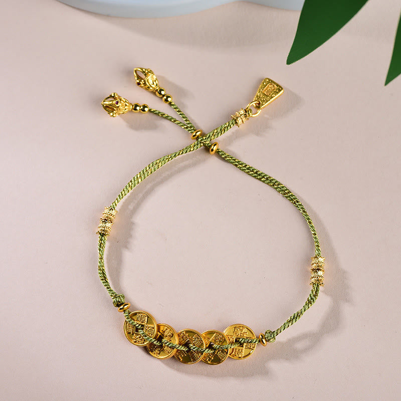 Buddha Stones Five-Emperor Coins Copper Balance Hand-Woven String Bracelet - Green Five Emperors Coins(Wrist Circumference: 16-19cm) - image 13