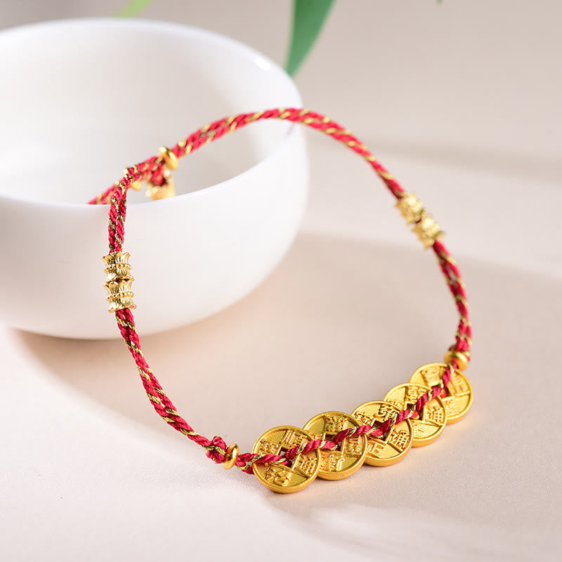 Buddha Stones Five-Emperor Coins Copper Balance Hand-Woven String Bracelet - image 1