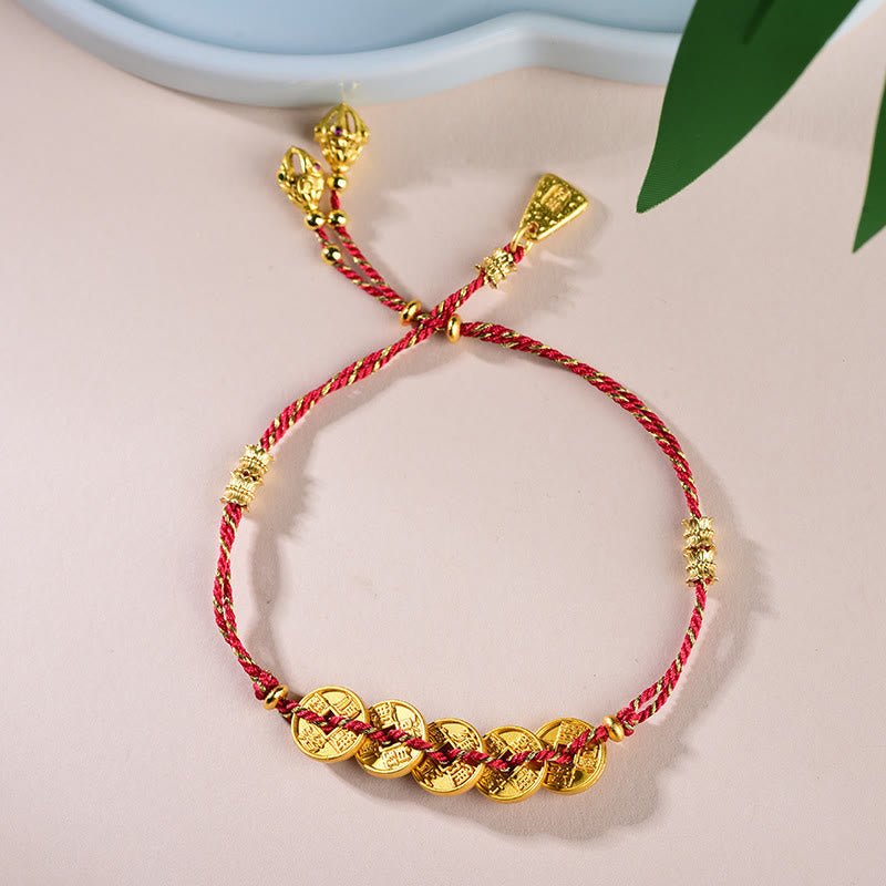 Buddha Stones Five-Emperor Coins Copper Balance Hand-Woven String Bracelet - image 2