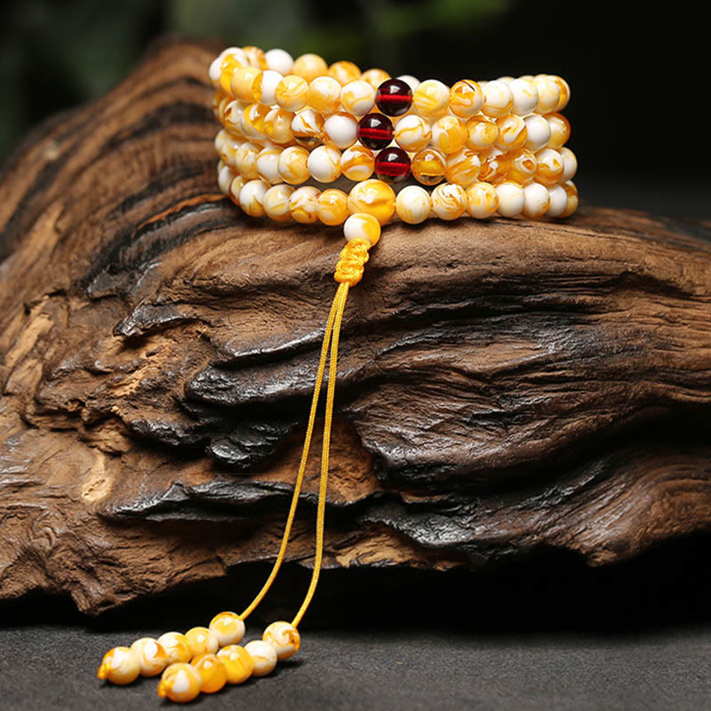 Buddha Stones Tibetan White Yellow 108 Beads Amber Mala - image 3