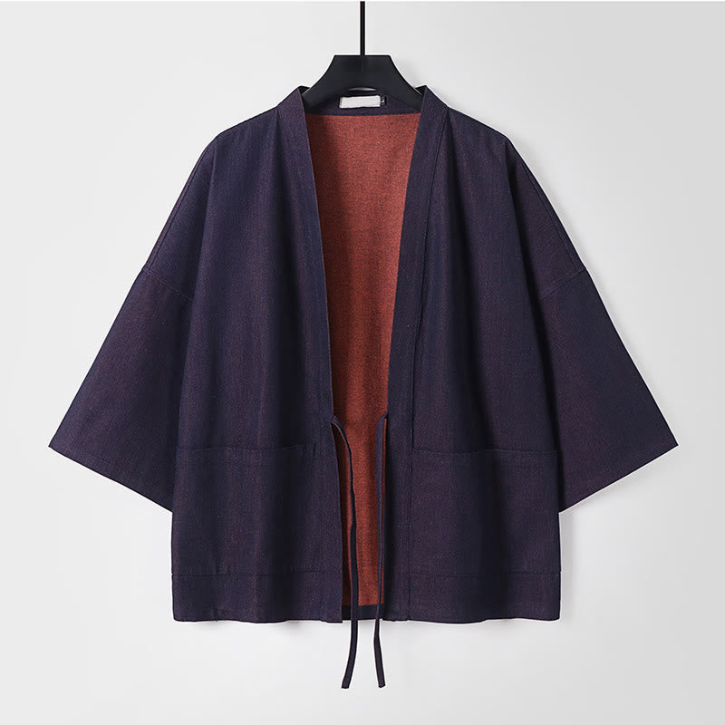 Buddha Stones Solid Lace-up Open Front Three Quarter Sleeve Jacket Men's Denim Cotton Kimono - SteelBlue - US/UK/AU54,EU64 (9XL) - image 1